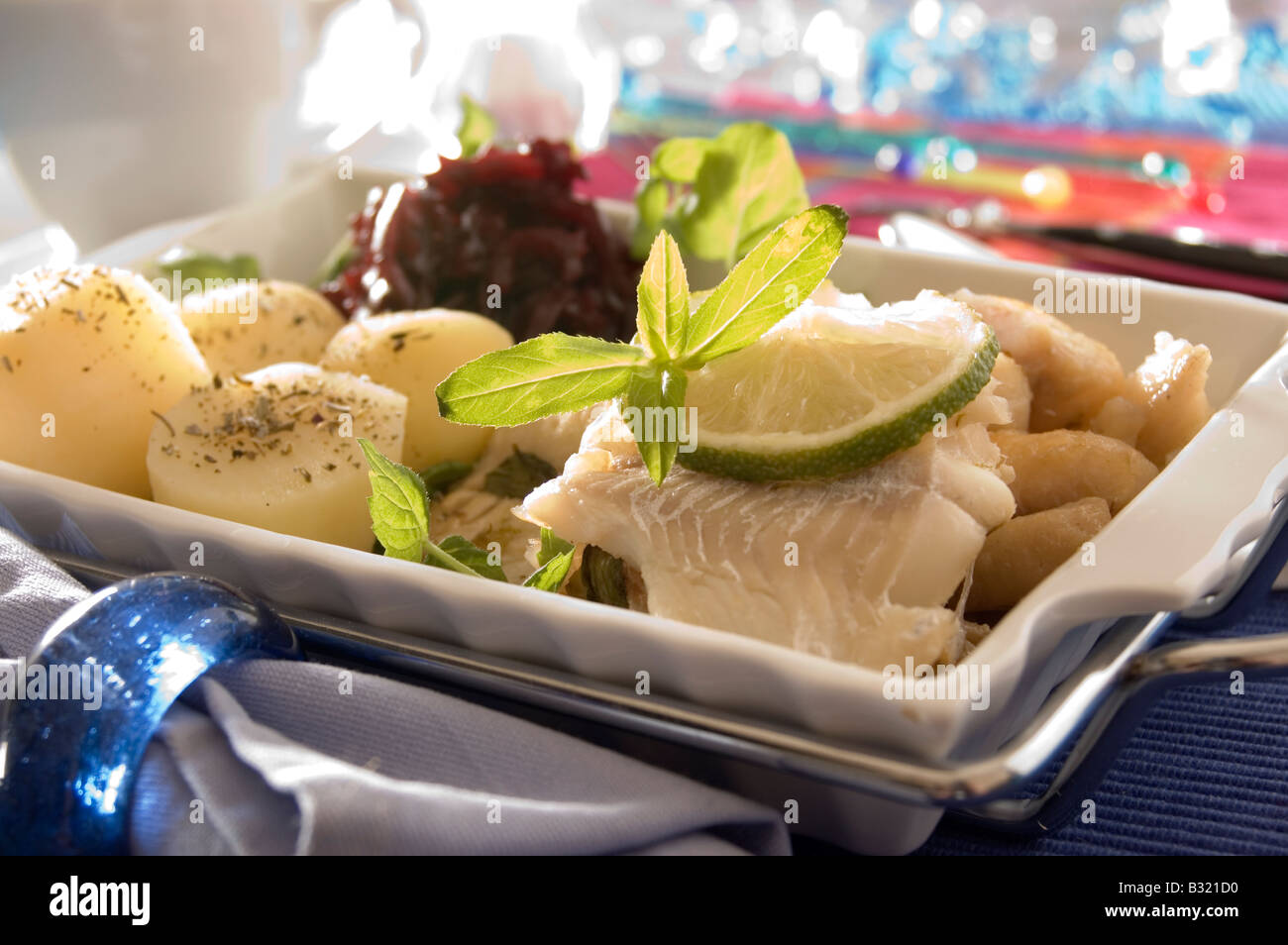 Cooked halibut fish served with potatoes Stock Photo Alamy