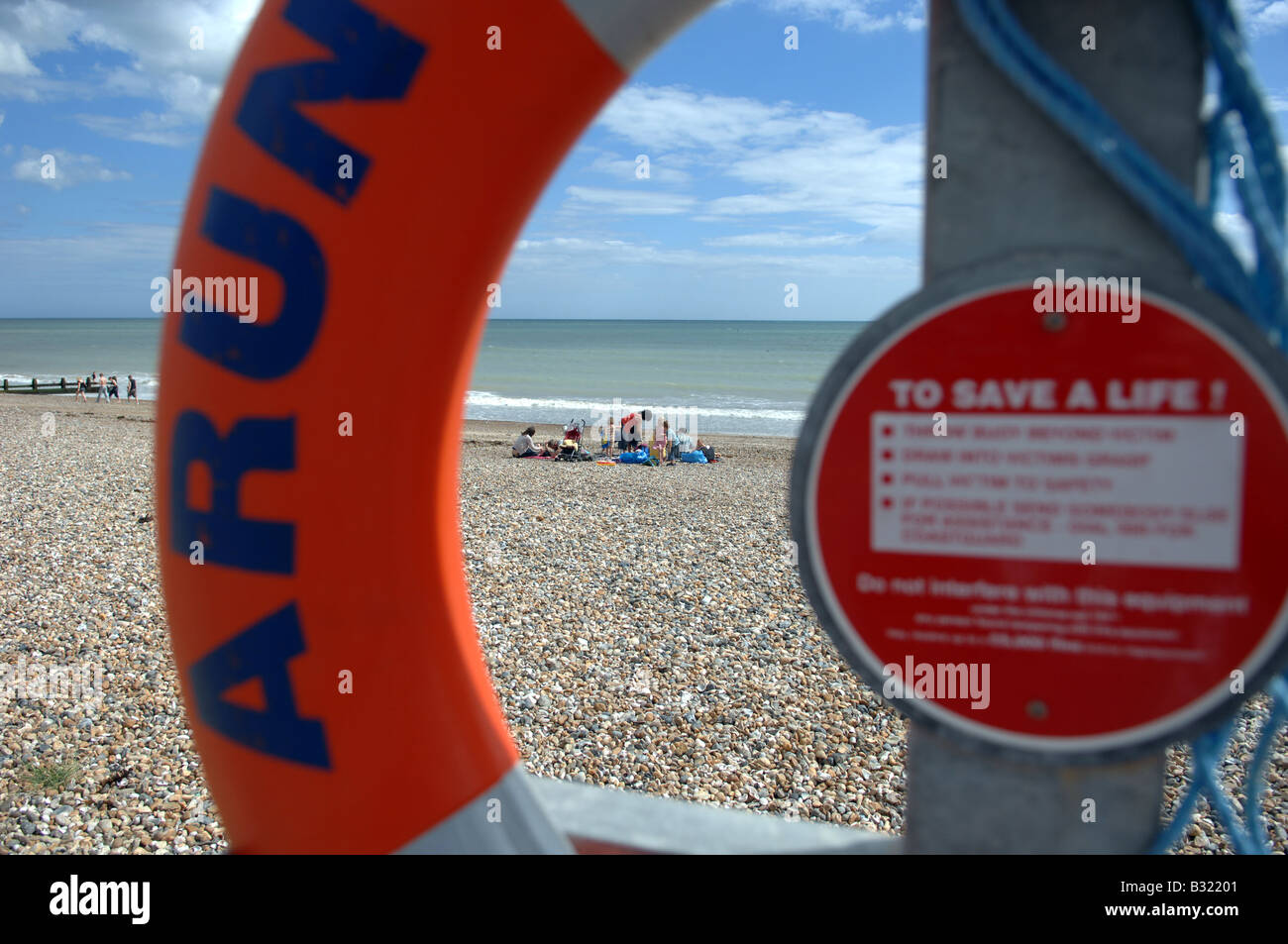 A veiw of Littlehampton beach through a lifebelt Stock Photo Alamy
