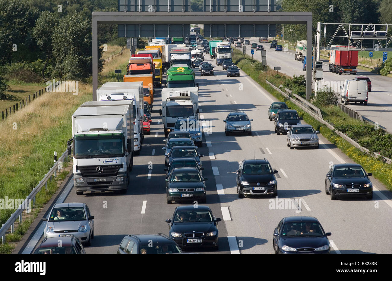 Traffic jam in the morning on motorway leading to Hamburg Stock Photo
