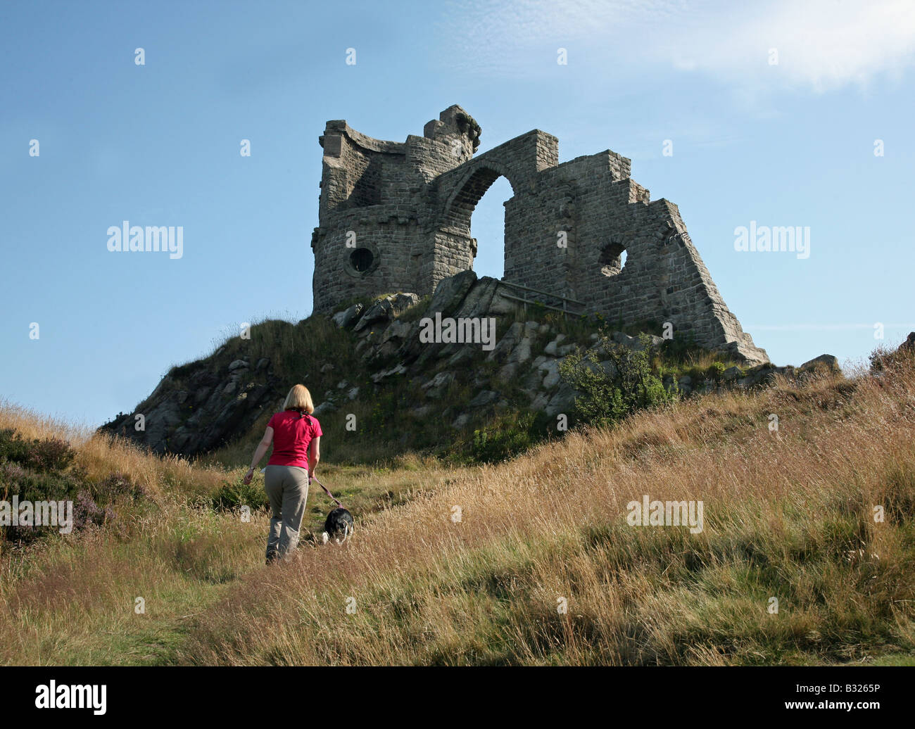 A woman walking her dog at Mow Cop Castle, a Victorian folly at Stoke on Trent Staffordshire Photo by John Keates Stock Photo