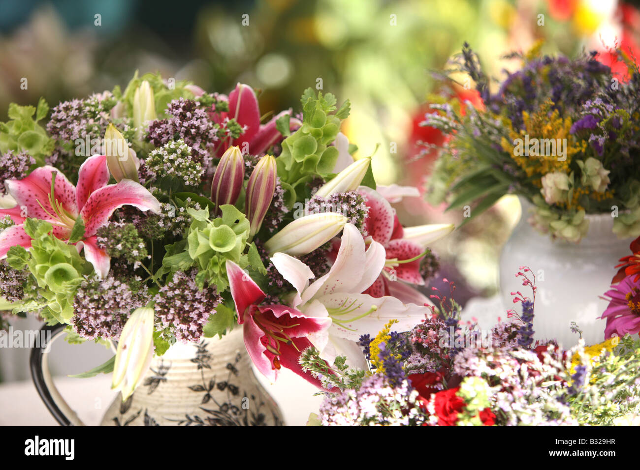 Bouquets of flowers on display at a market Stock Photo