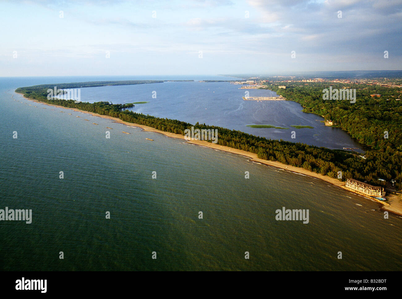 Aerial view at sunset over Presque Isle State Park and Lake Erie