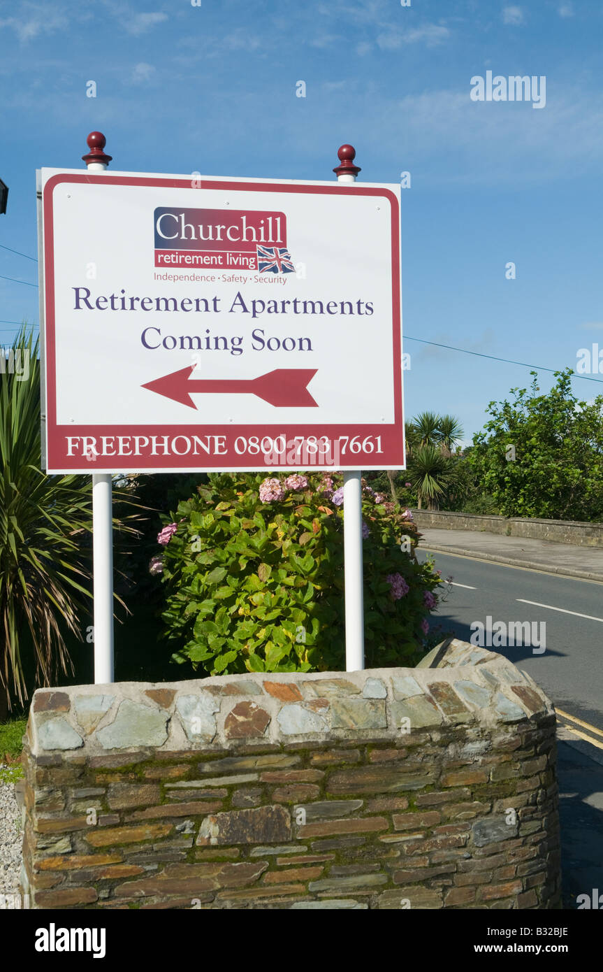 Sign advertising Retirement Apartments in Newquay, Cornwall. August