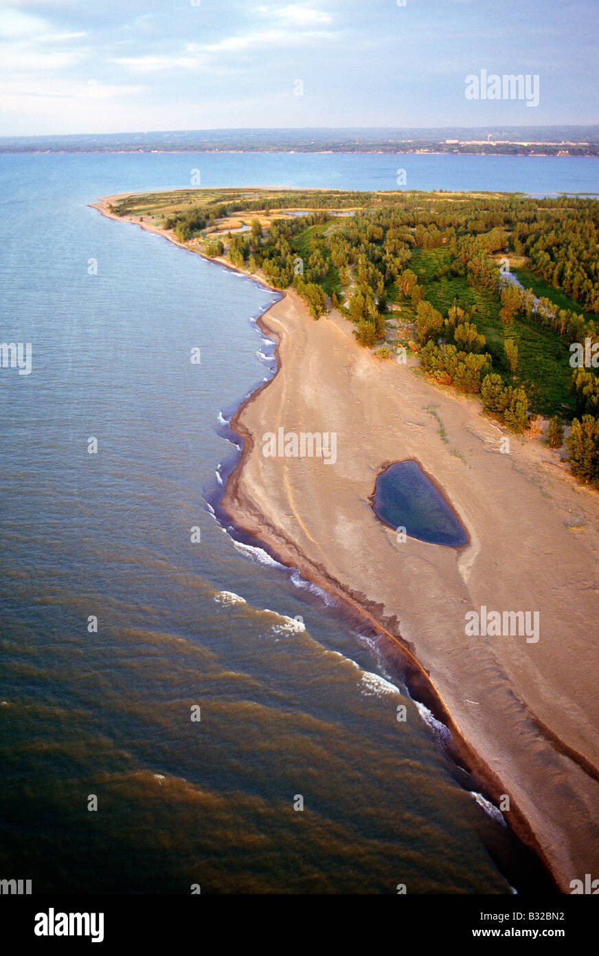 Aerial view at sunset over Presque Isle State Park and Lake Erie