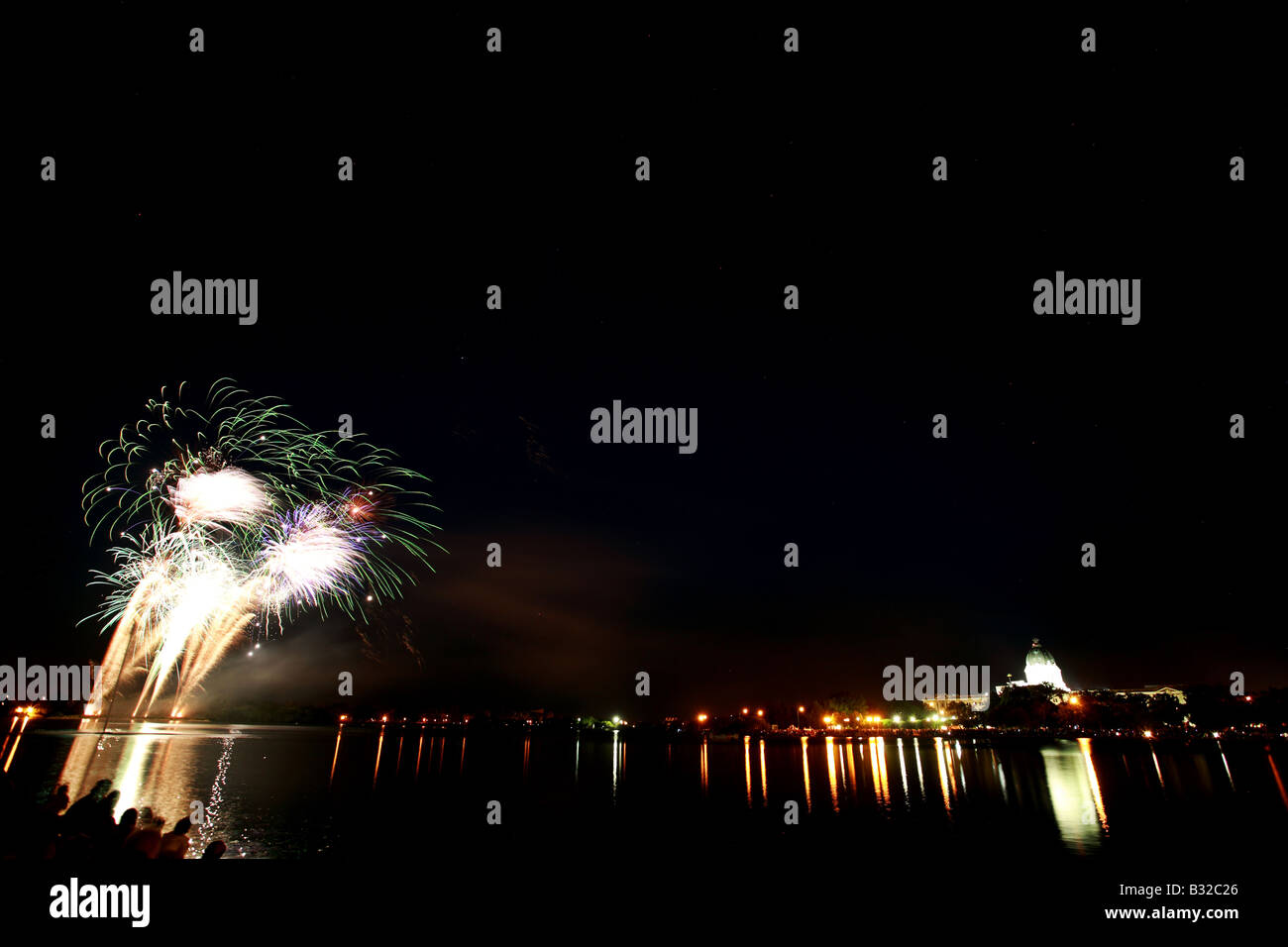 Light reflections fireworks over Wascana Lake Stock Photo
