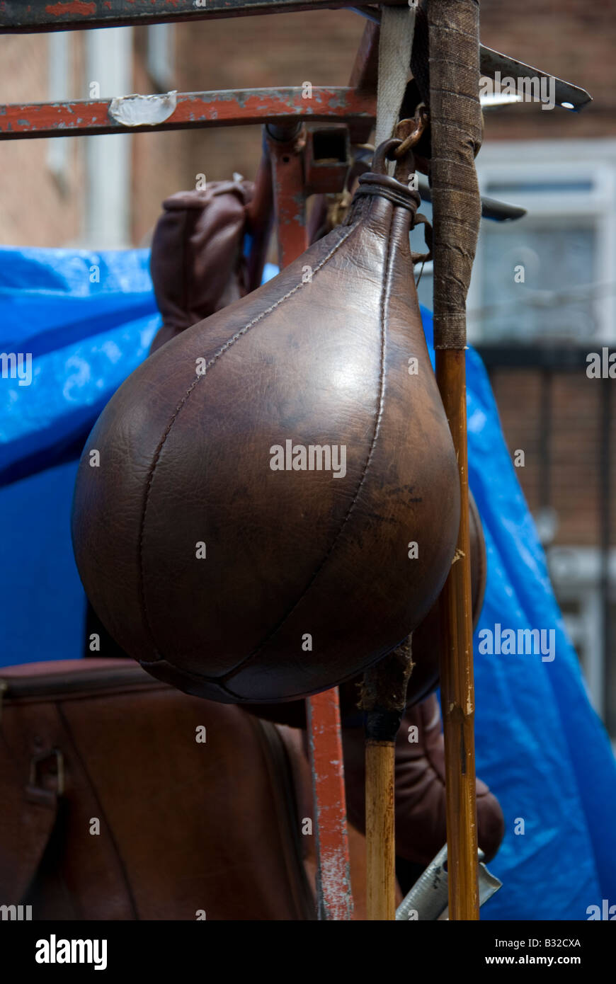 An old time pear shaped bunching bag made out of leather for sale at the Portobello Road market Stock Photo