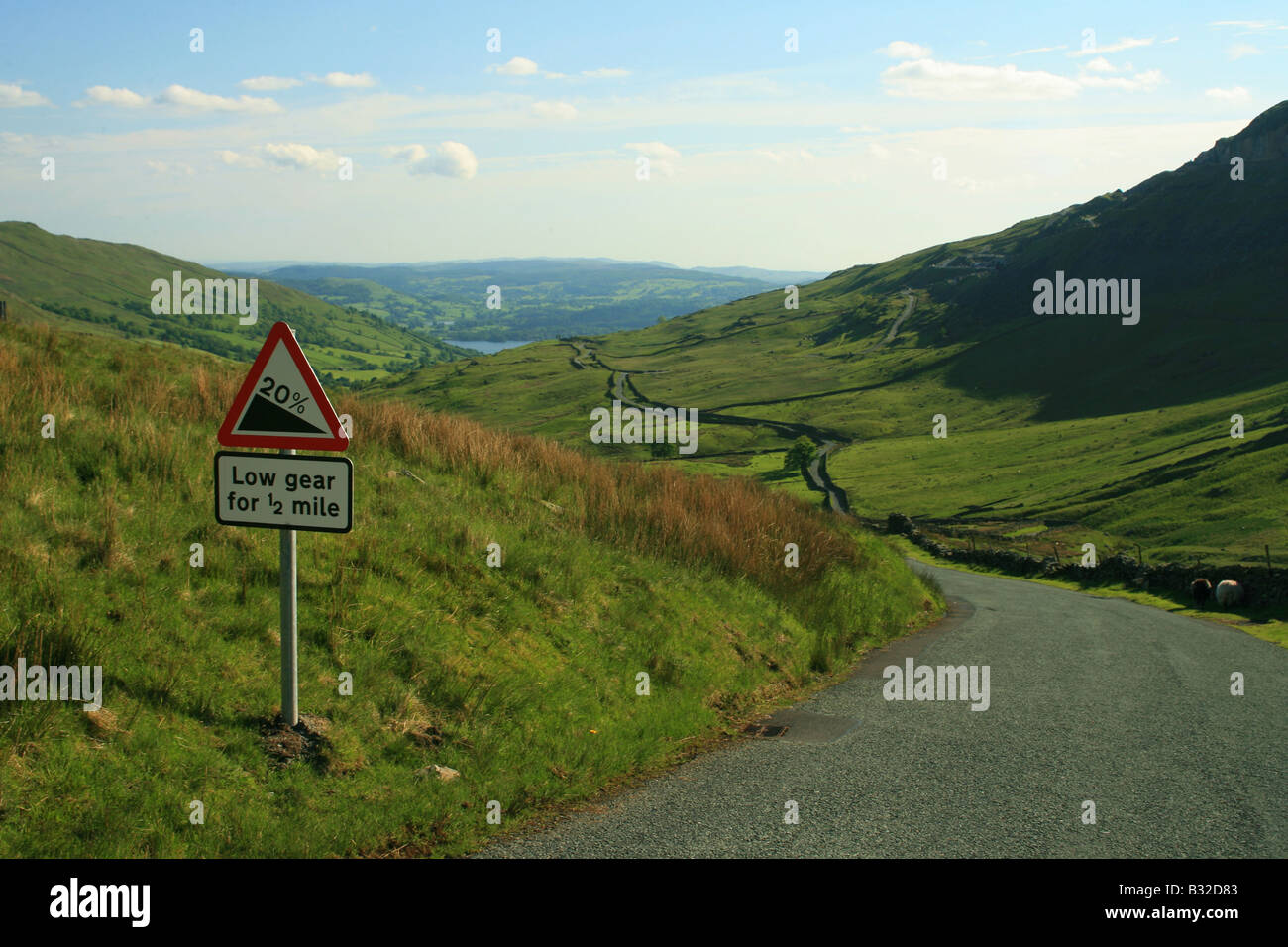 Road sign on a steep hill in the Lake district Stock Photo Alamy