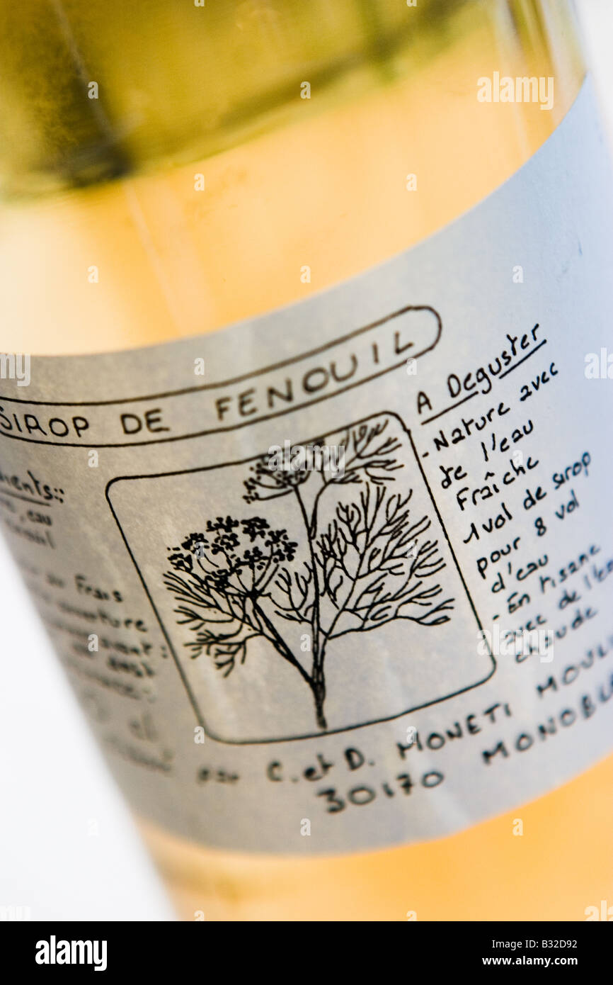 A bottle of homemade French cordial, with French writing. Stock Photo