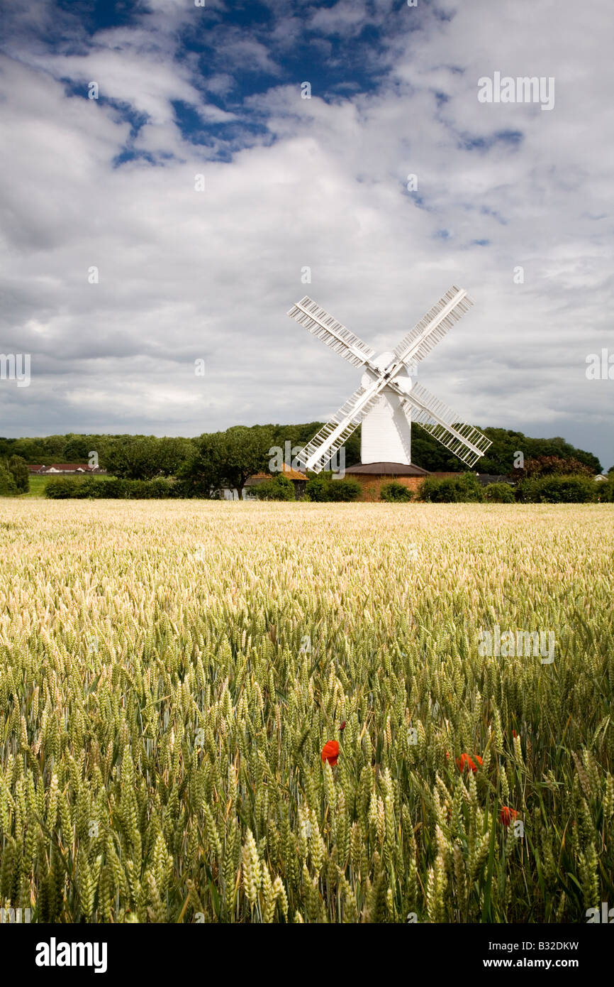 Dating from 1751 the Stanton post mill, Suffolk, is in working order milling flour and is open to the public Stock Photo