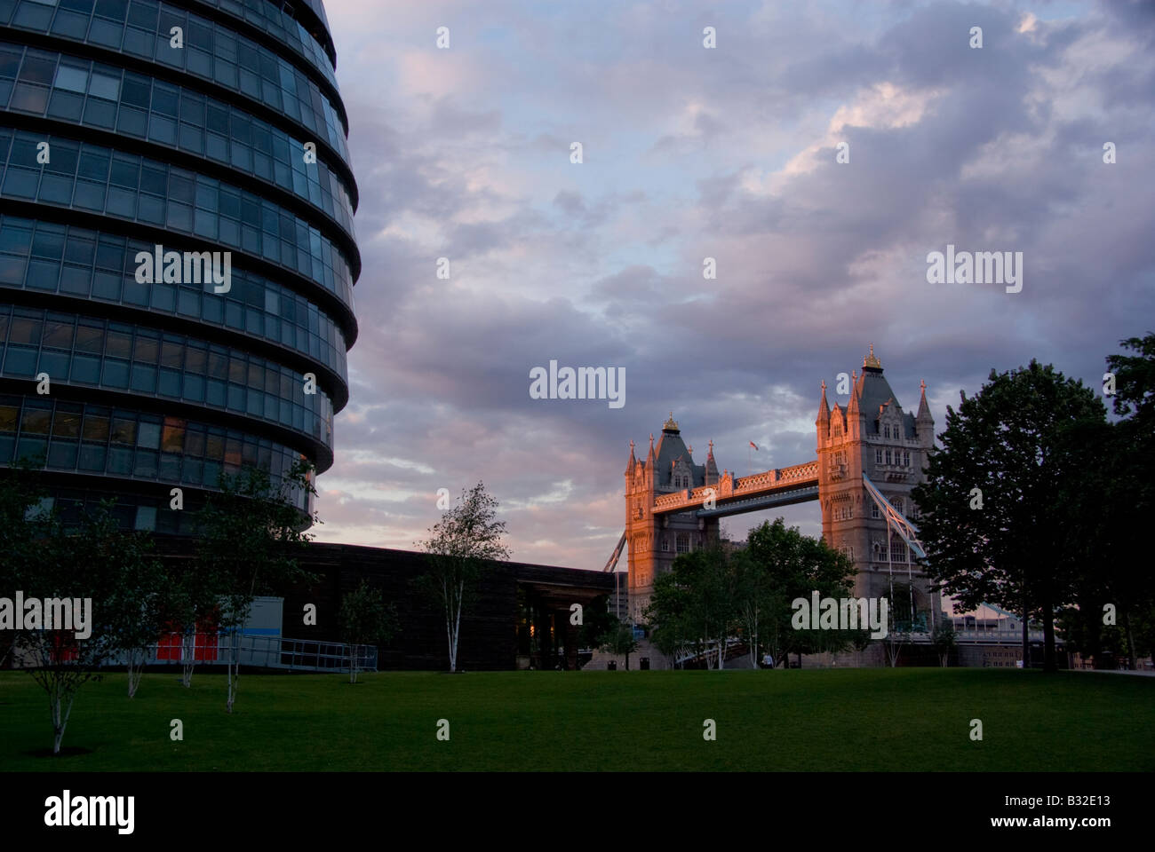 The London City Hall and the Tower bridge near sunset Stock Photo