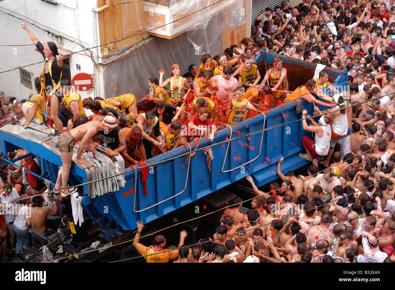 Tomatina, tomato fight, Brunel Valencia Spain Truck delivering tomatoes