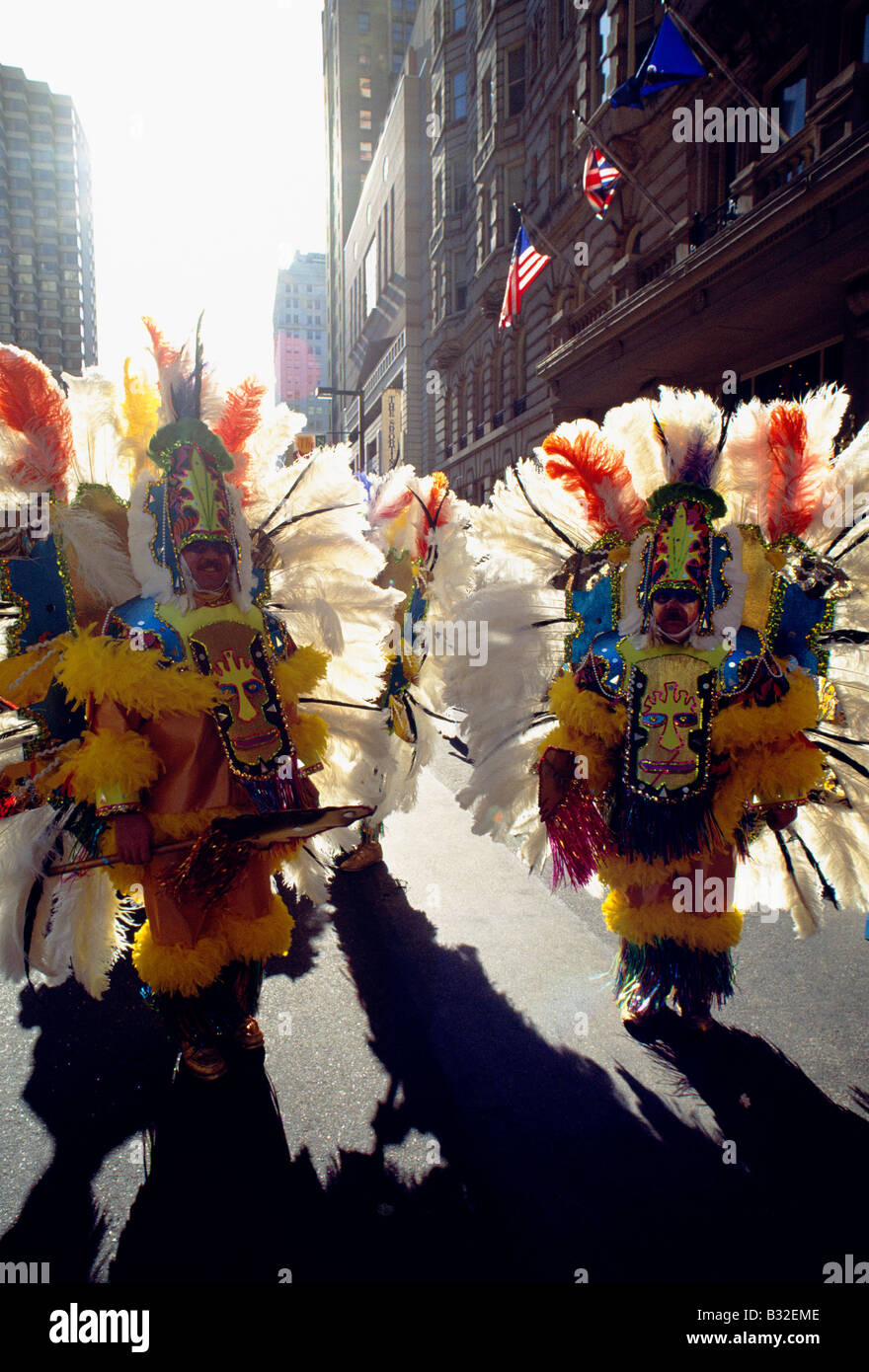 Costumed dancers strutting down Broad Street during the annual Philadelphia New Year's Day Mummers Parade. Stock Photo