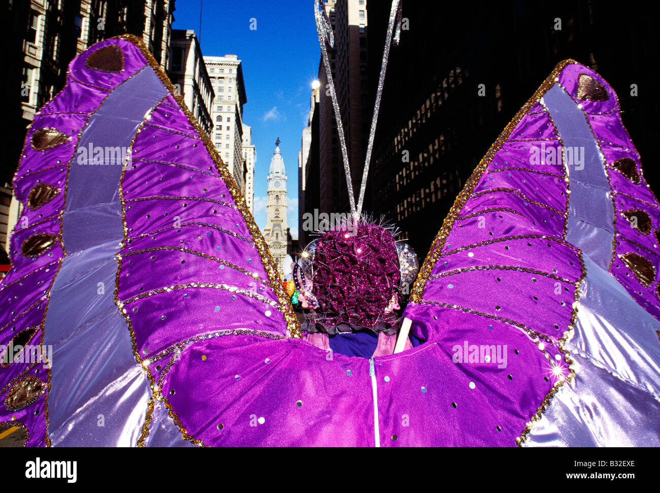Costumed dancers strutting down Broad Street during the annual Philadelphia New Year's Day Mummers Parade. Stock Photo