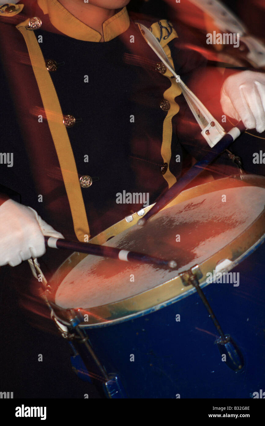 a young drummer of a marching band during a parade, Tunja, Boyacá, Colombia, South America Stock Photo