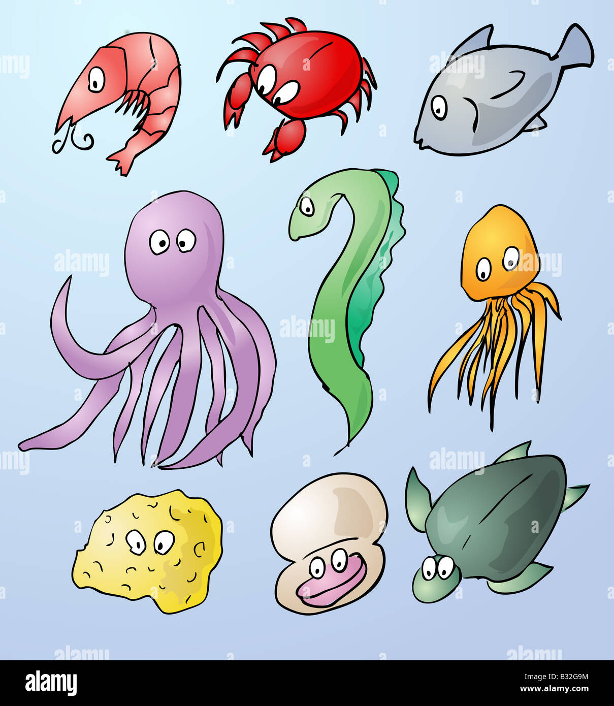 Cartoon illustrations of sea creatures shrimp crab fish octopus eel