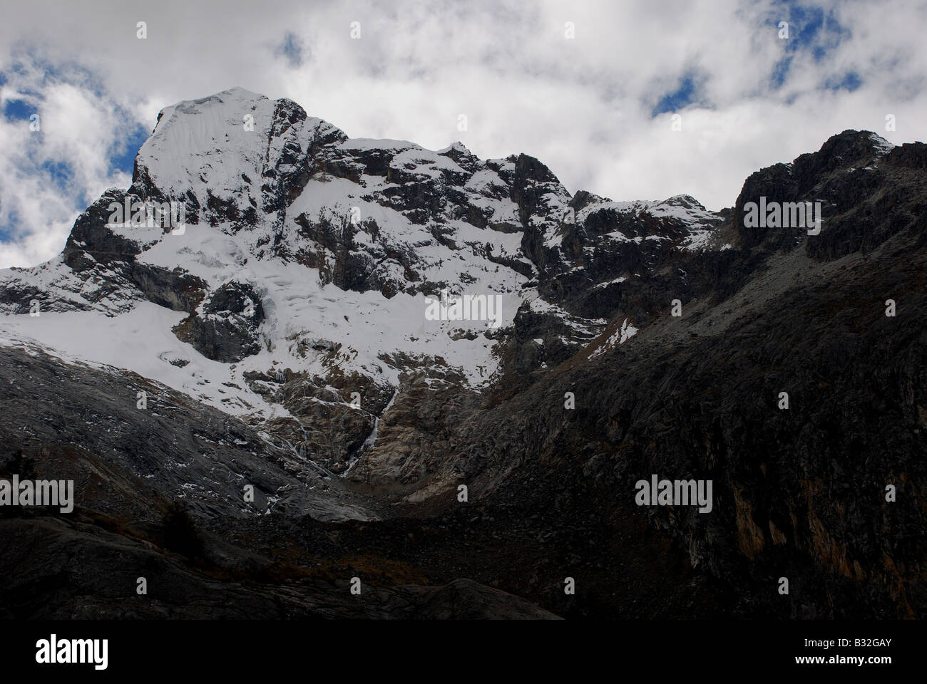 Peru, snowcapped mountain by Lake Churup in the Cordillera Blanca Stock Photo