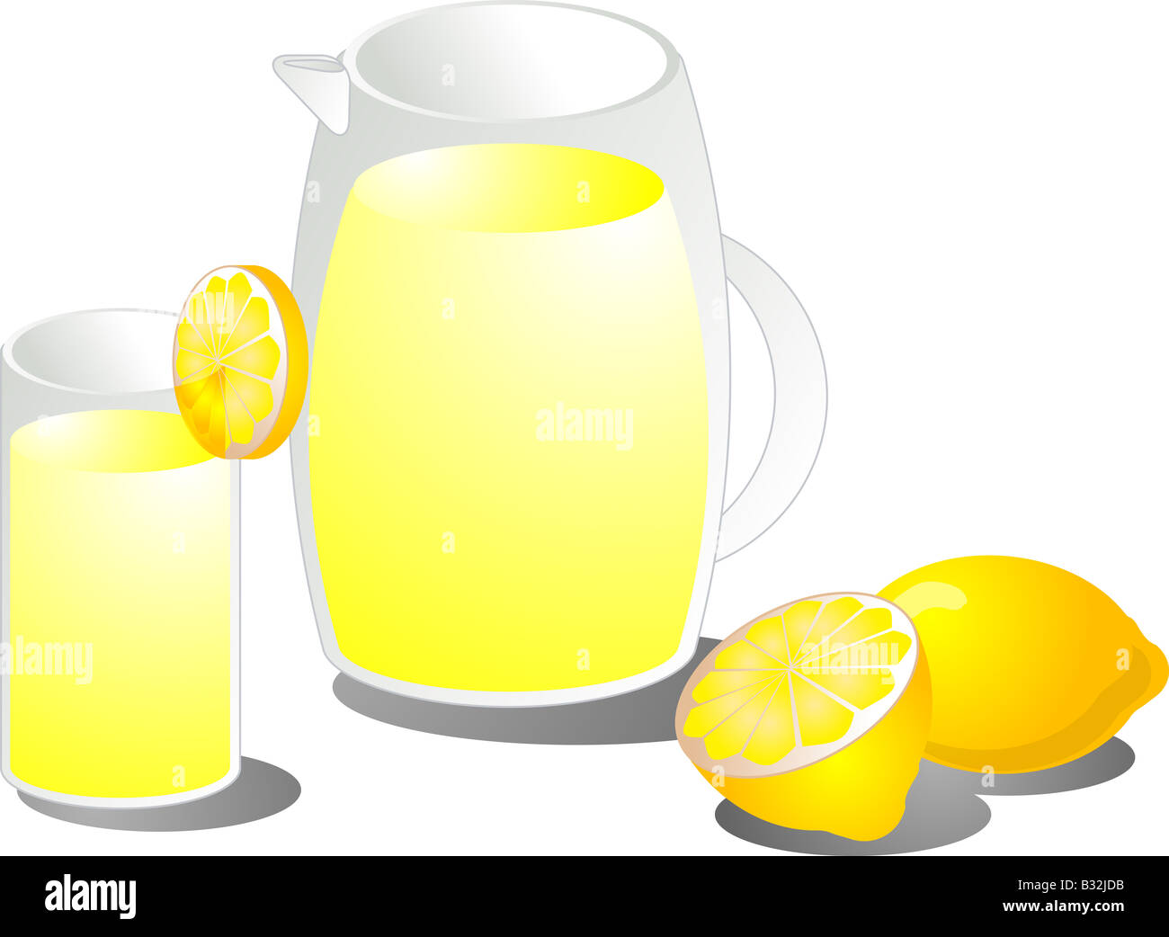 Illustration of lemonade in a pitcher and a glass with whole and sliced