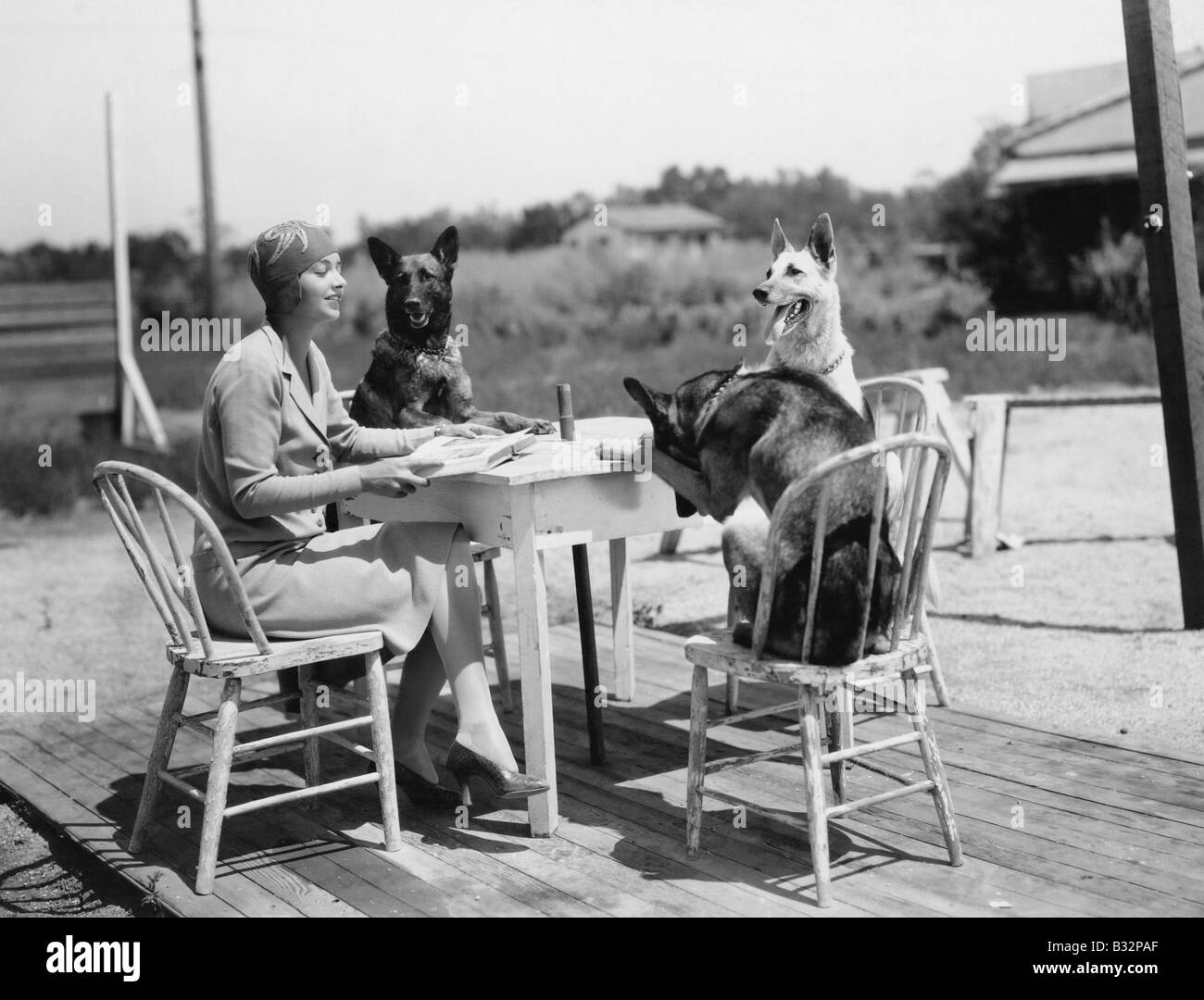 Woman sitting at table outside with three dogs Stock Photo