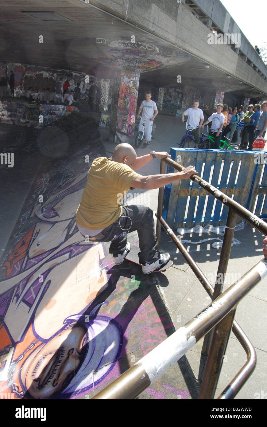 Skateboard trick ramp rail slam city audience fans skills adulation ...