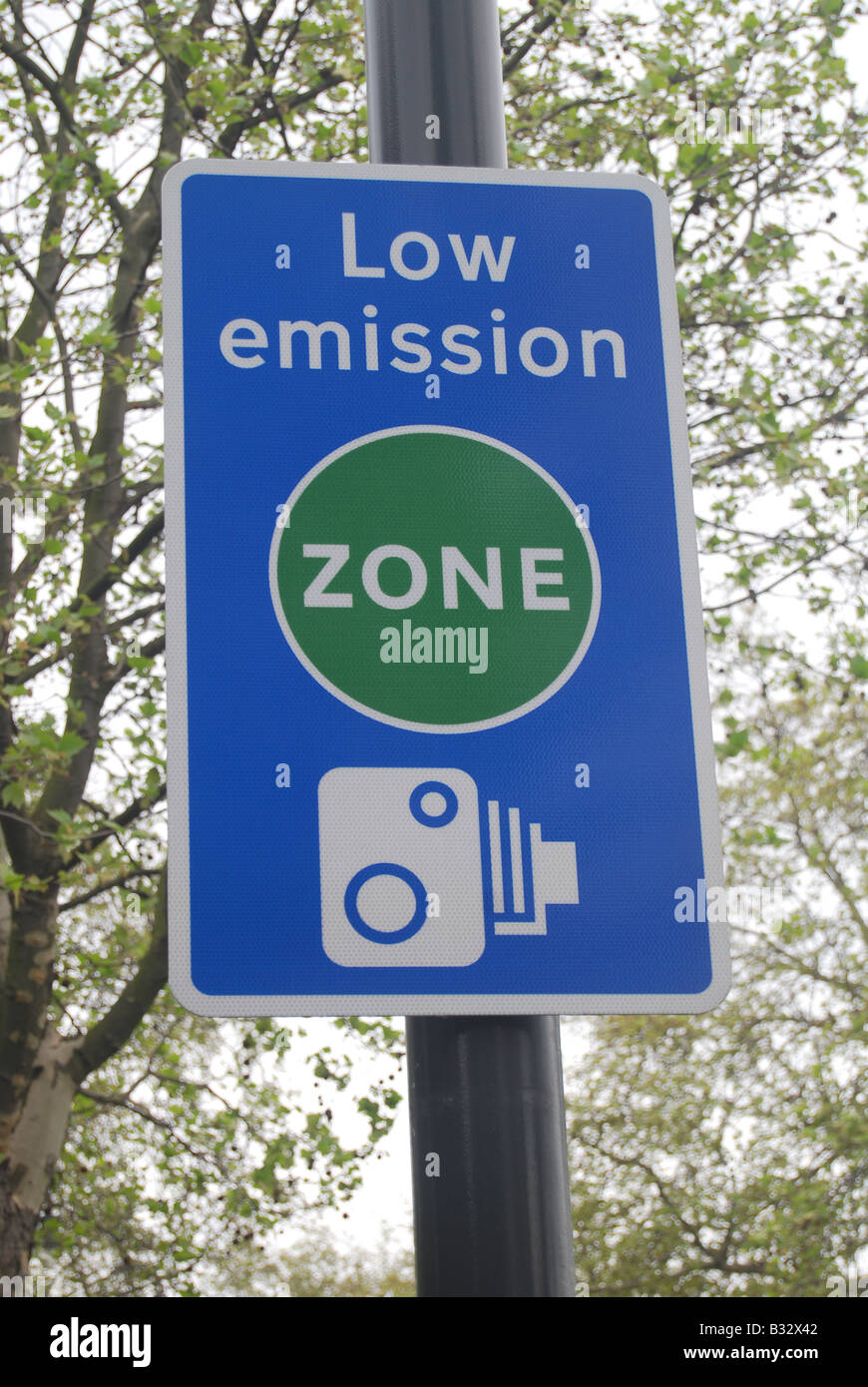 Low emission zone sign road camera 'Big Brother' London pollution Stock Photo