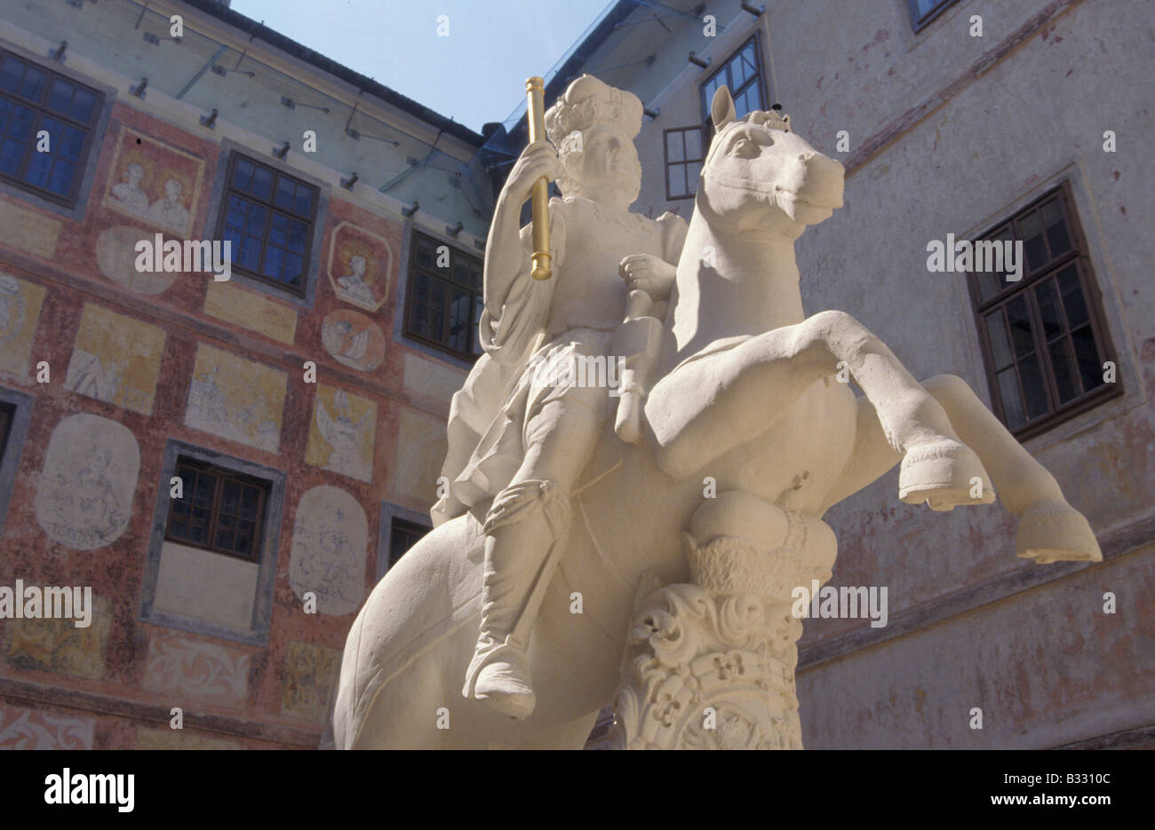 Castle Forchtenstein inner court with rider statue Stock Photo