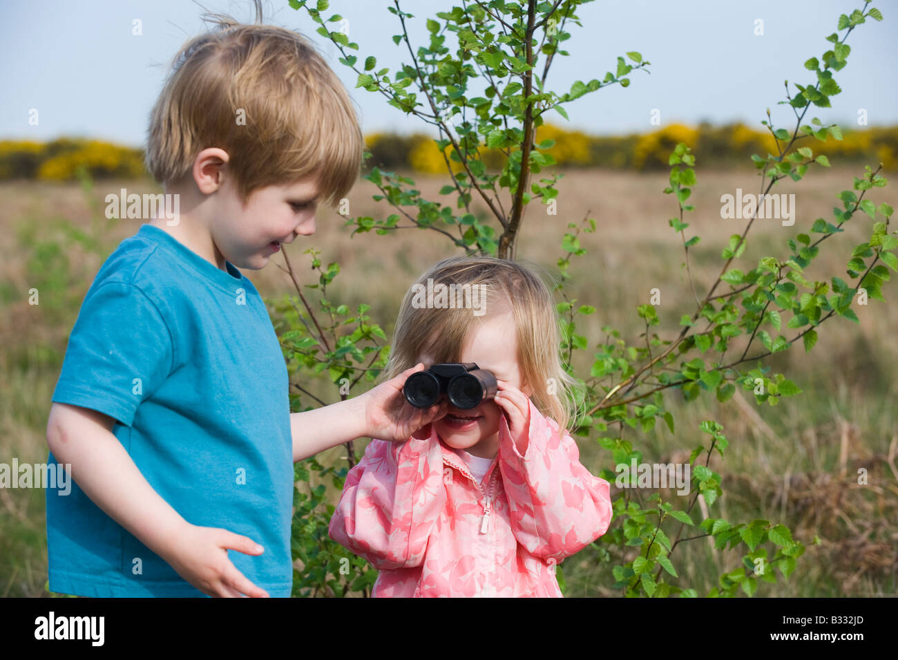 Toddlers 3 Yr old boy and 2yr old girl bird watching on heath Norfolk April Stock Photo
