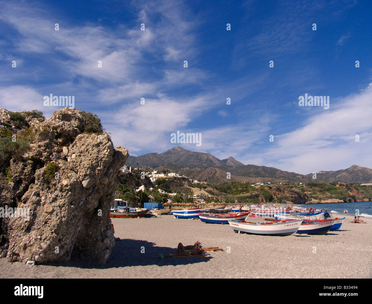 Playa Burriana, Nerja, Malaga, Andalucia, Spain, Costa del Sol Stock Photo