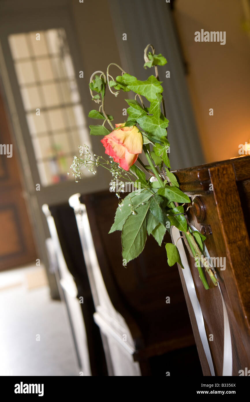 decorated bench in church Stock Photo Alamy
