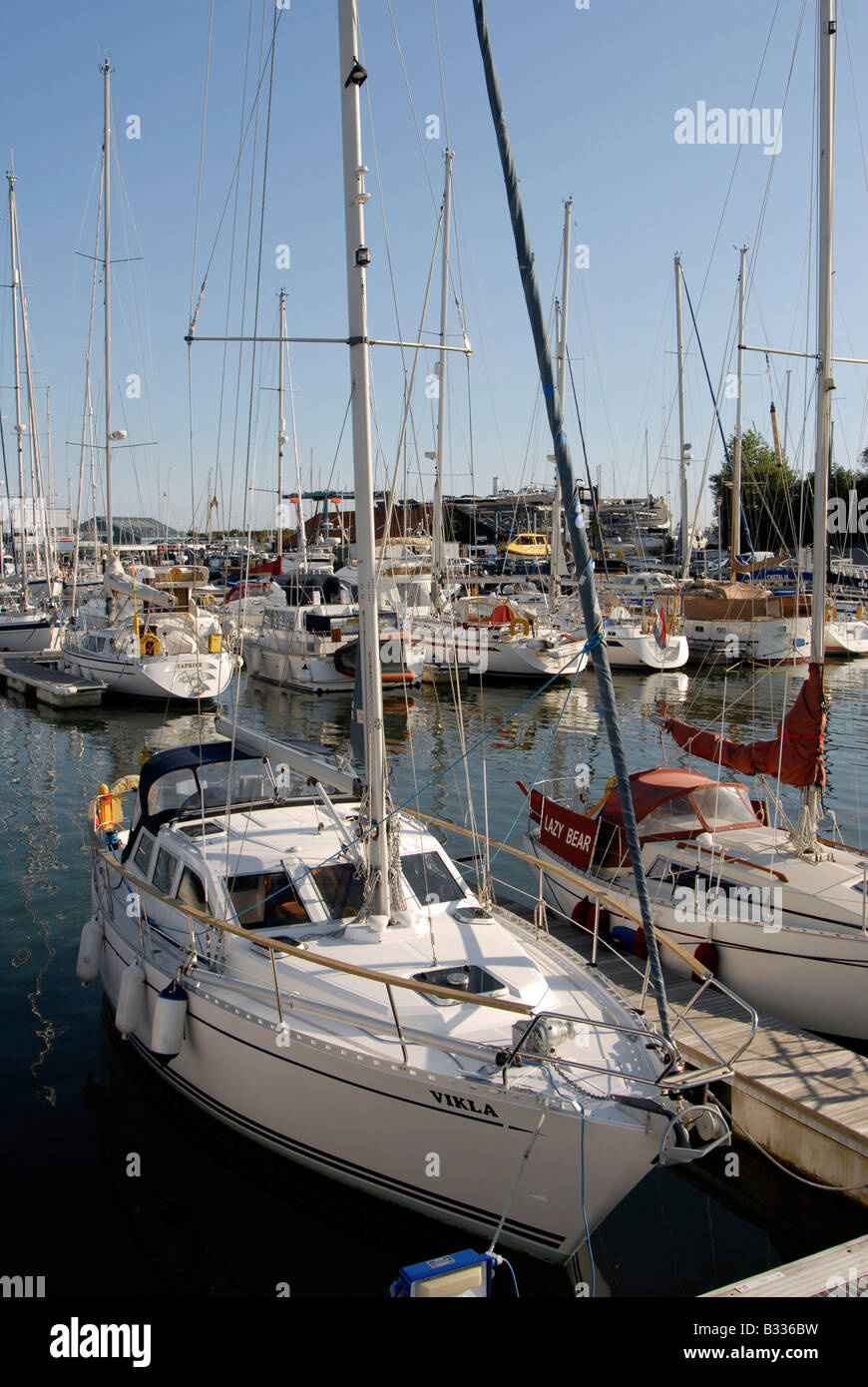Sailing yacht on marina pontoon mooring River Hamble, Southampton