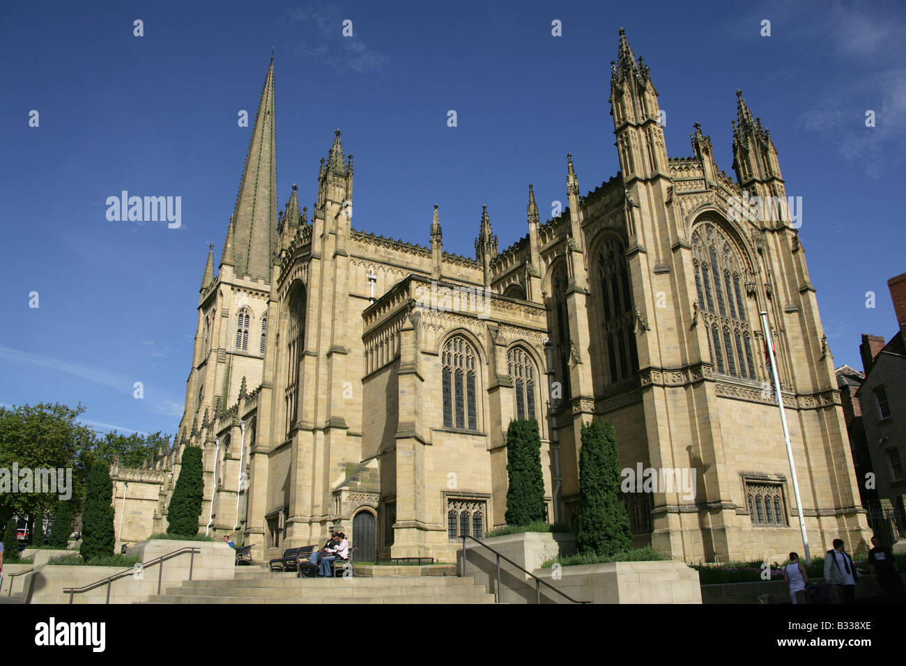 City of Wakefield, England. View of the south and east facade of Wakefield Cathedral. Located in Wakefield’s city centre. Stock Photo