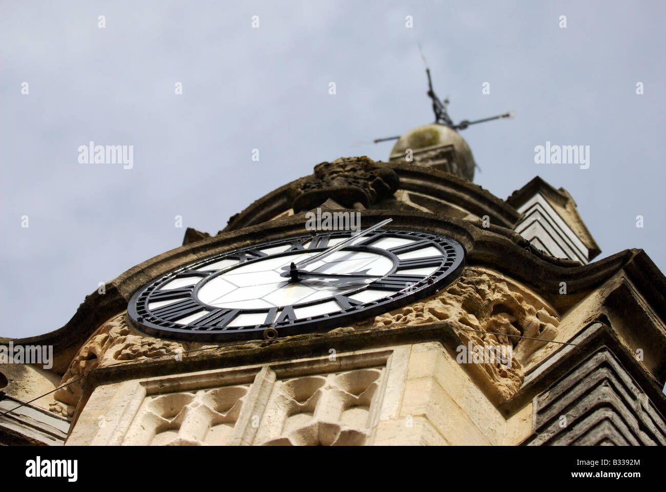 Unusual view of the clock face on the Edwardian Clock Tower on Lowman Green Tiverton Stock Photo