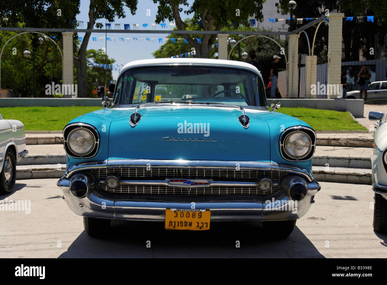 Vintage car Blue 1957 Chevrolet station wagon 210 front view Stock Photo