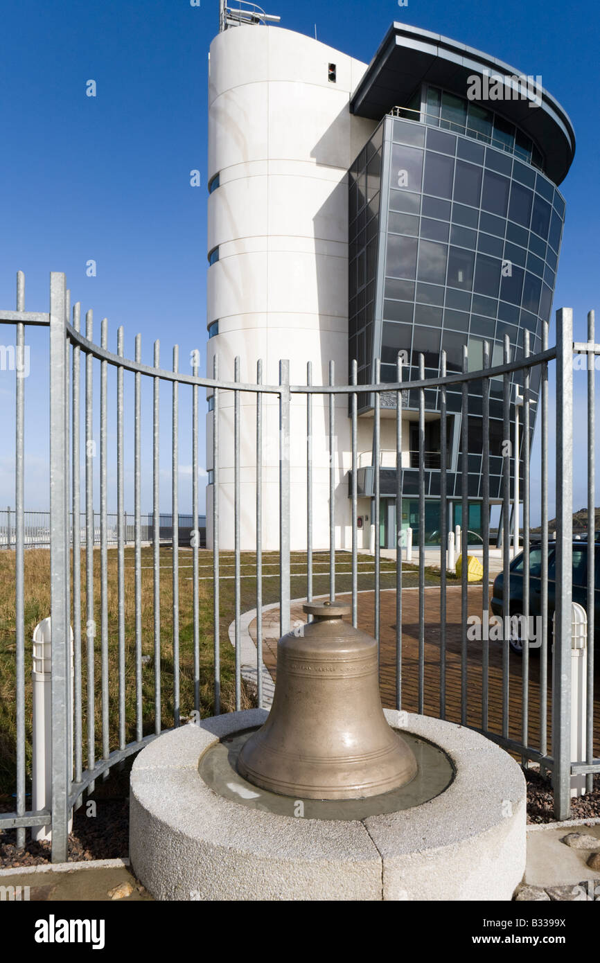 The old fog warning bell in front of the Marine Operations Centre (opened in 2006) at Aberdeen Harbour, Aberdeenshire, Scotland Stock Photo
