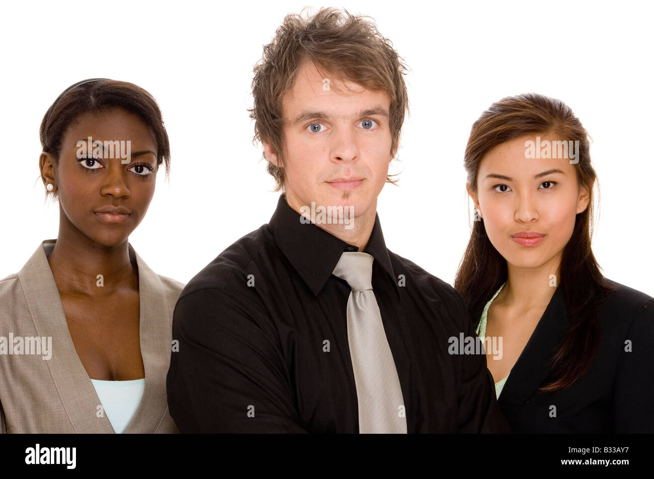 Three young business people on white background Stock Photo - Alamy