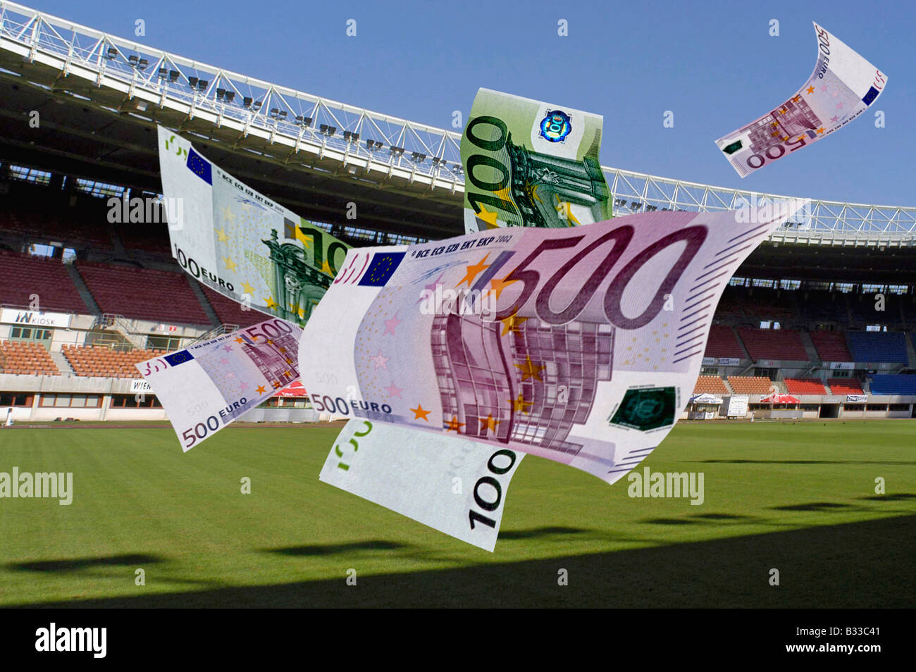 photomontage Euro banknotes fall in the stadium Stock Photo - Alamy