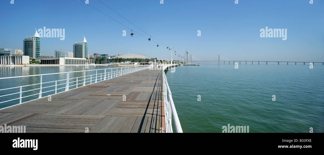 View across Olivais Dock to the Pavilhao de Portugal (left), Pavilhao Atlantico and Ponte Vasco de Gama, Lisbon, Portugal. Stock Photo