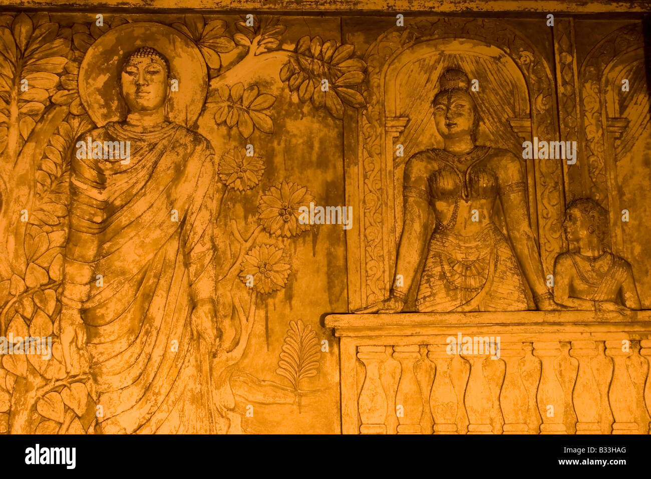 A wall decoration depicting Buddha and his disciples in the lake temple, Colombo, Sri Lanka Stock Photo