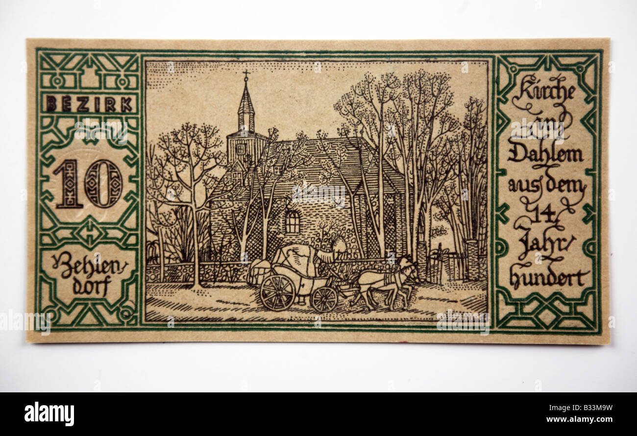 1921 BERLIN NOTGELD German Banknote 10) Behlendorf- 14th Century church with horsedrawn carriage. Stock Photo