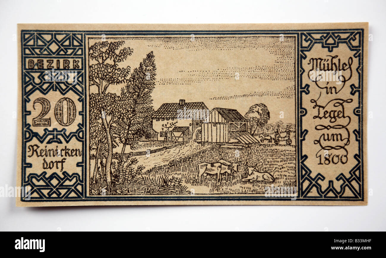 1921 BERLIN NOTGELD German Banknote. 20) Reinisckendorf - Farm with mill in 1800. Stock Photo