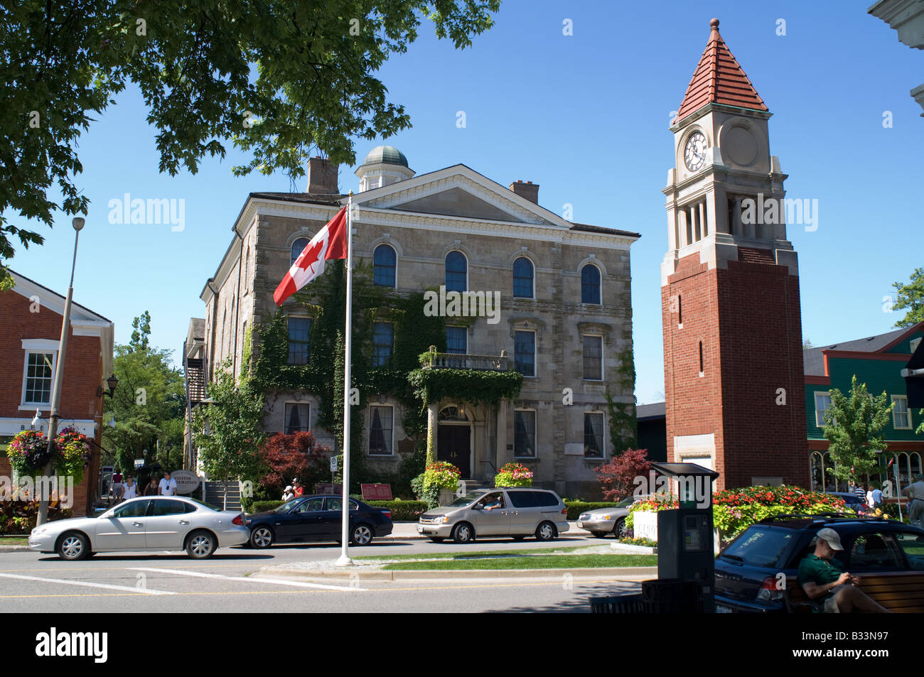 View of the clock tower located in front of the old courthouse in the village of Niagara-on-the-Lake, Ontario, Canada. Stock Photo