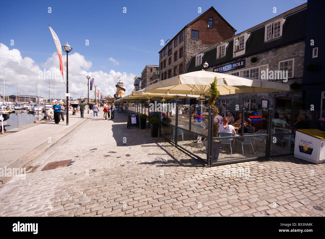The open eating area on Plymouth's Barbican Stock Photo