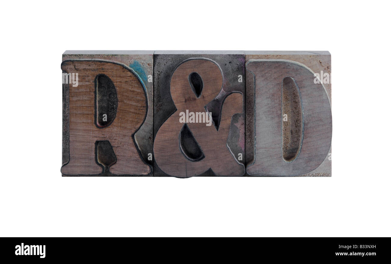 R&D in old, ink-stained wood type Stock Photo