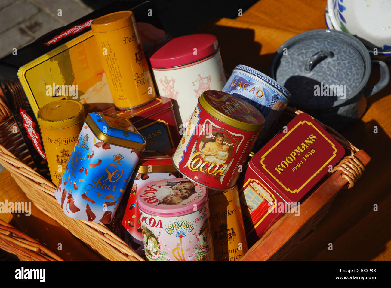 food tins at collector's market Middelburg Zeeland Netherlands Stock Photo