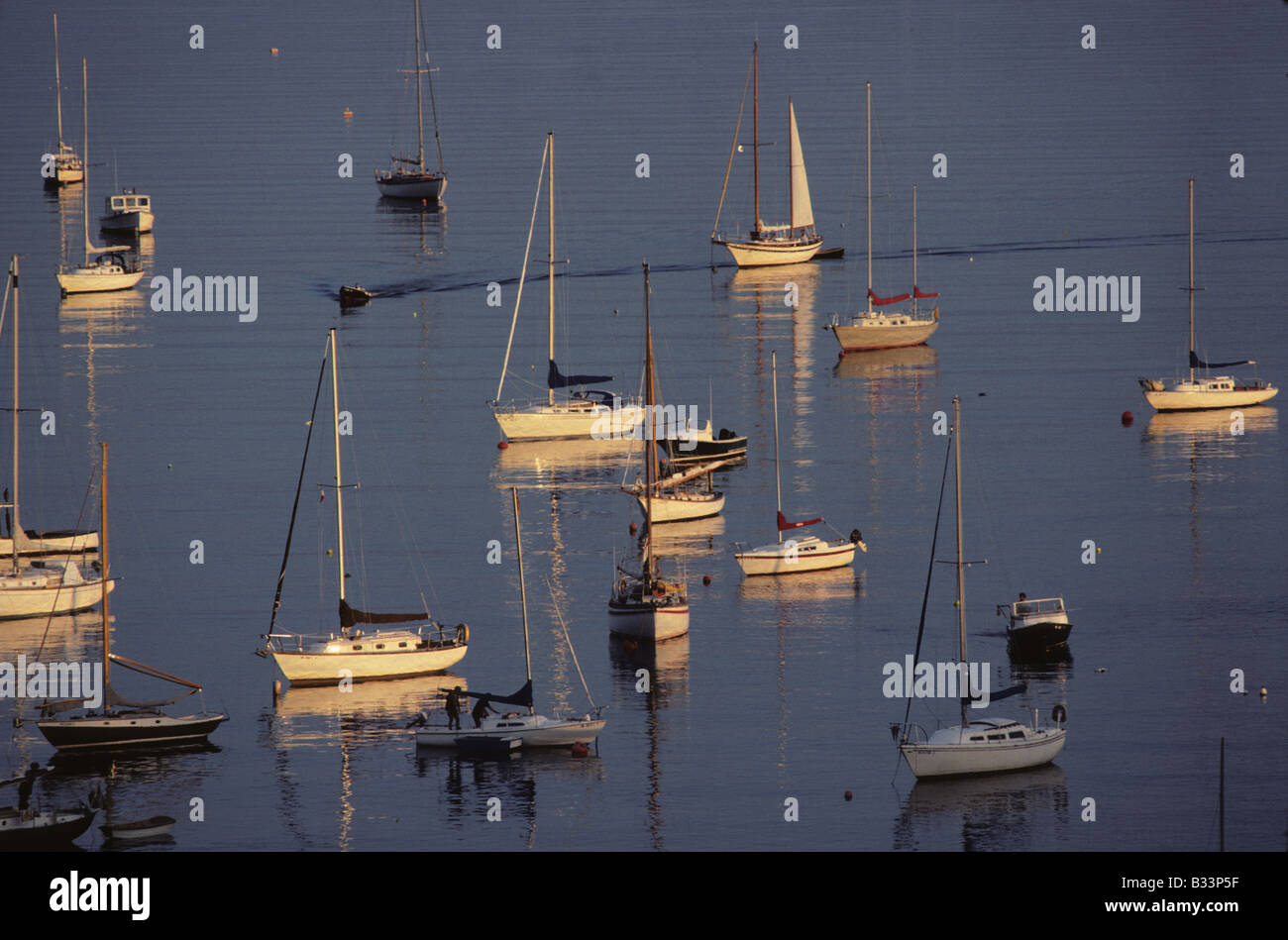 Moored sailboats in Rockport Maine harbor at dusk Stock Photo Alamy