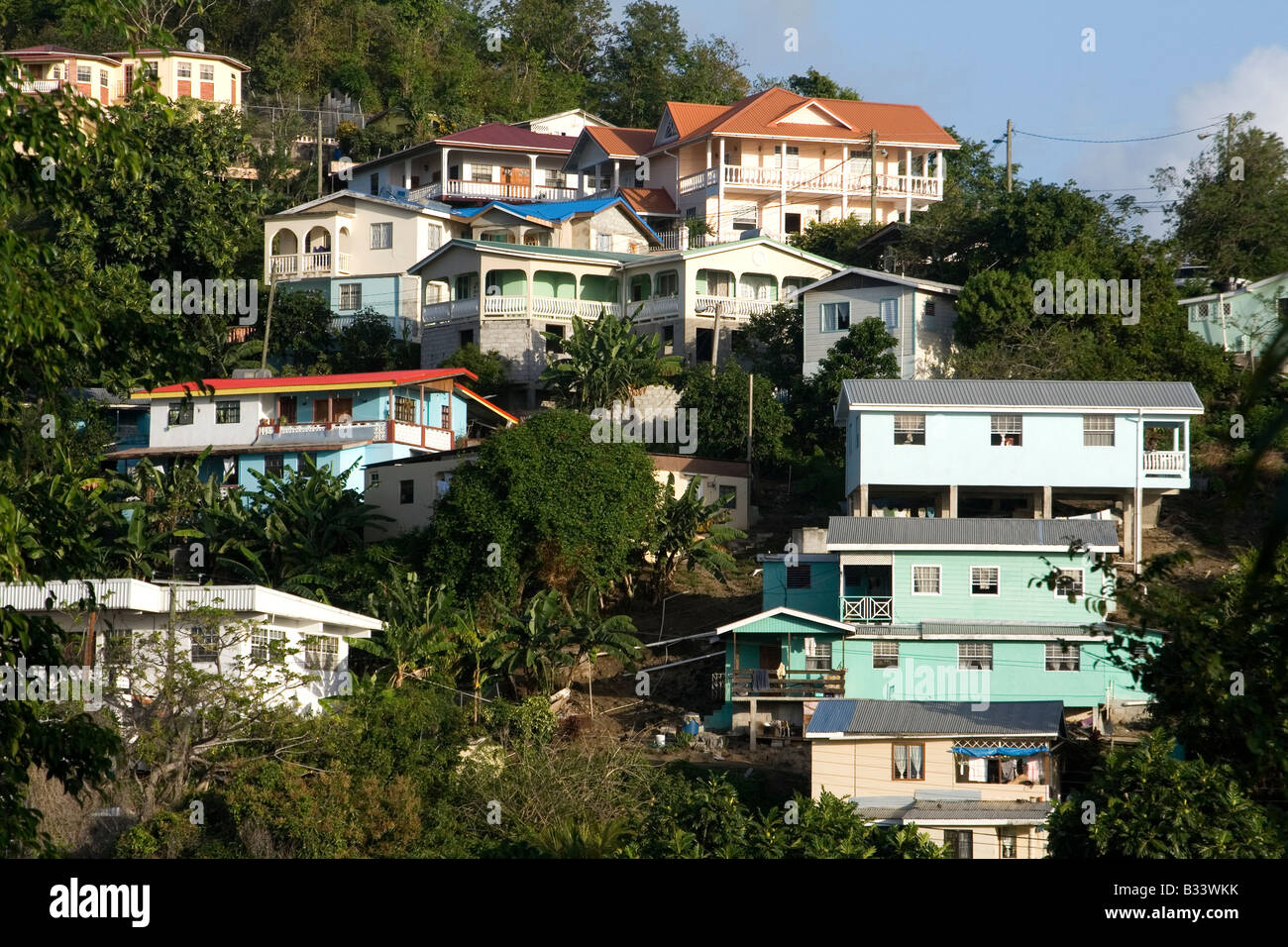 Hillside homes, colourful houses built on a hillside in Saint Lucia