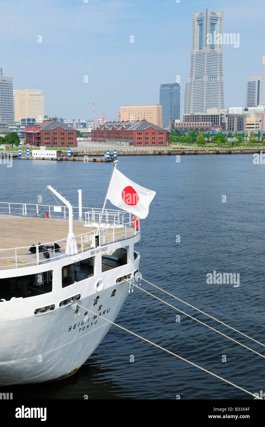The Landmark Tower and the historic warehouses seen from Osanbashi Pier, Yokohama JP Stock Photo