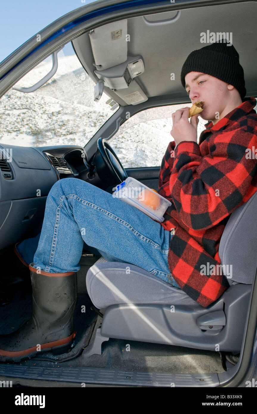 Young New Zealand farmer sat in truck eating a pie Stock Photo