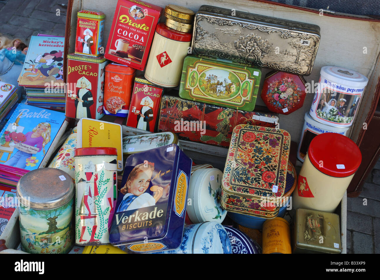 food tins at collector's market Middelburg Zeeland Netherlands Stock Photo
