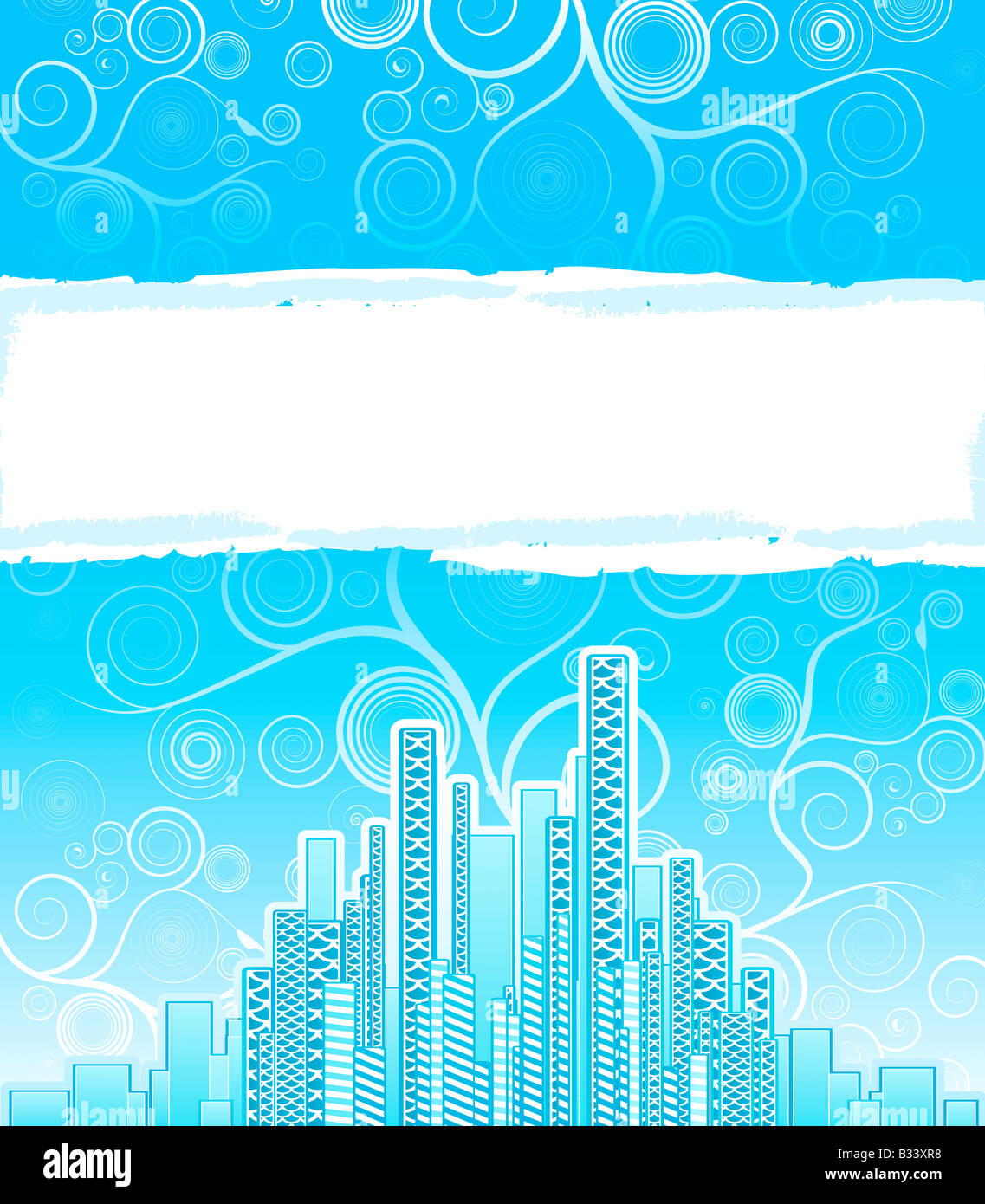 Vector illustration of a modern urban background with floral spirals on the horizon and a big copy space sign Stock Photo