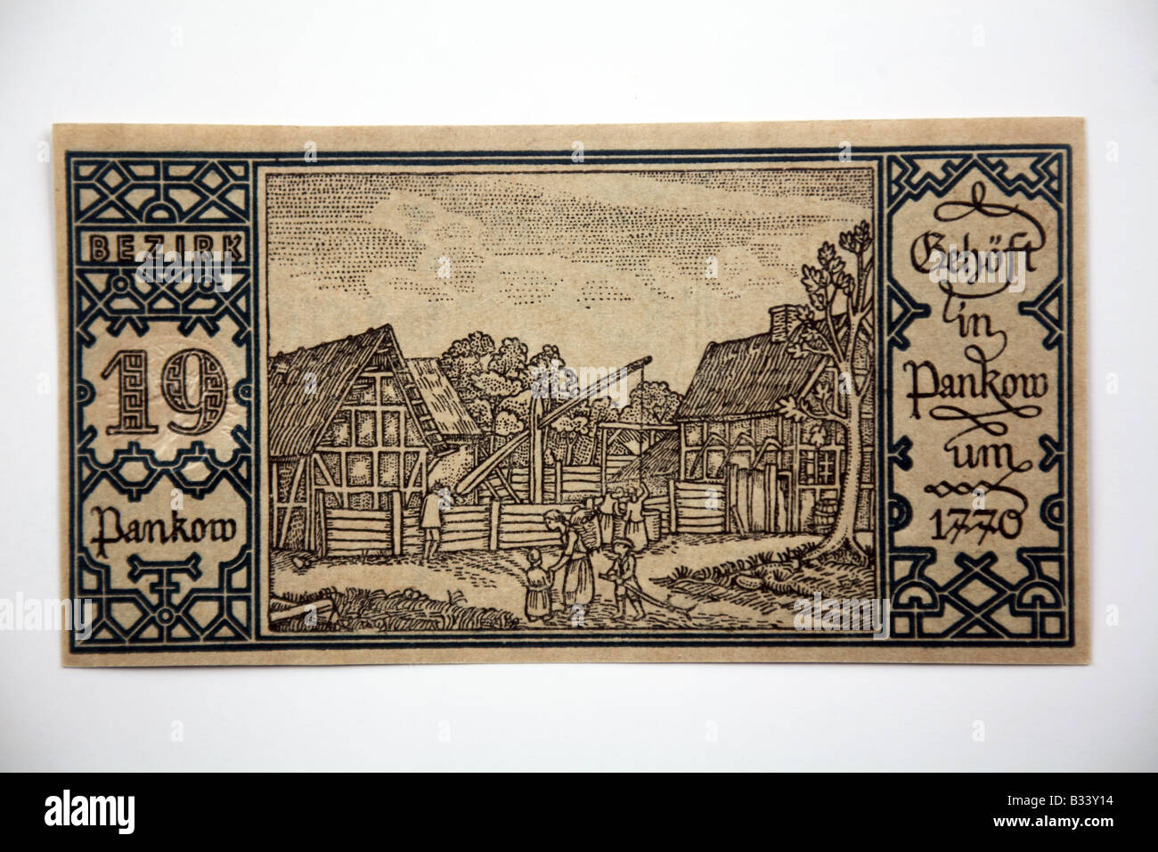 1921 BERLIN NOTGELD German Banknote. 19) Planhow - Farm in 1770. Stock Photo